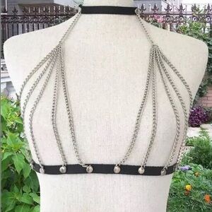 Silver Multi-Chain Body Necklace with Black Band